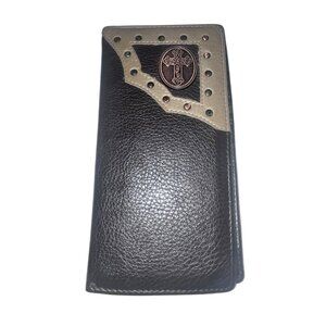 Mens Western Style Genuine Leather Wallet w Cross Embellishment & Studded Design